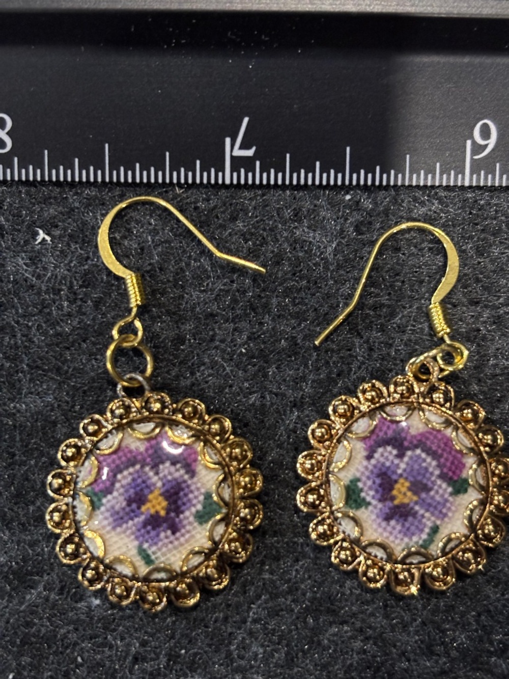 Vintage Needlepoint Pansy Earrings
